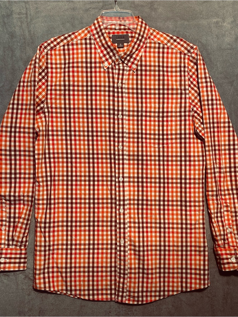 Men’s Medium Saddlebred Red, Orange & White LS Gingham Button-Down Shirt